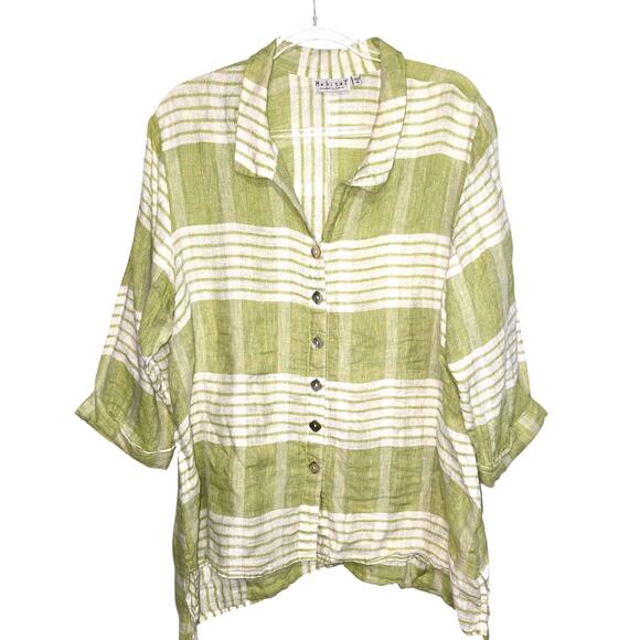 Habitat Plaid Button Front Blouse Linen Rolled Sleeves Green Lagenlook Swing XL - Picture 1 of 8